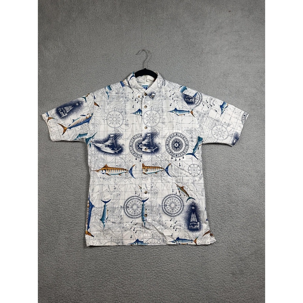 Hook & Tackle Shirt Mens Medium White Nautical Marlin Fishing Map Print Button